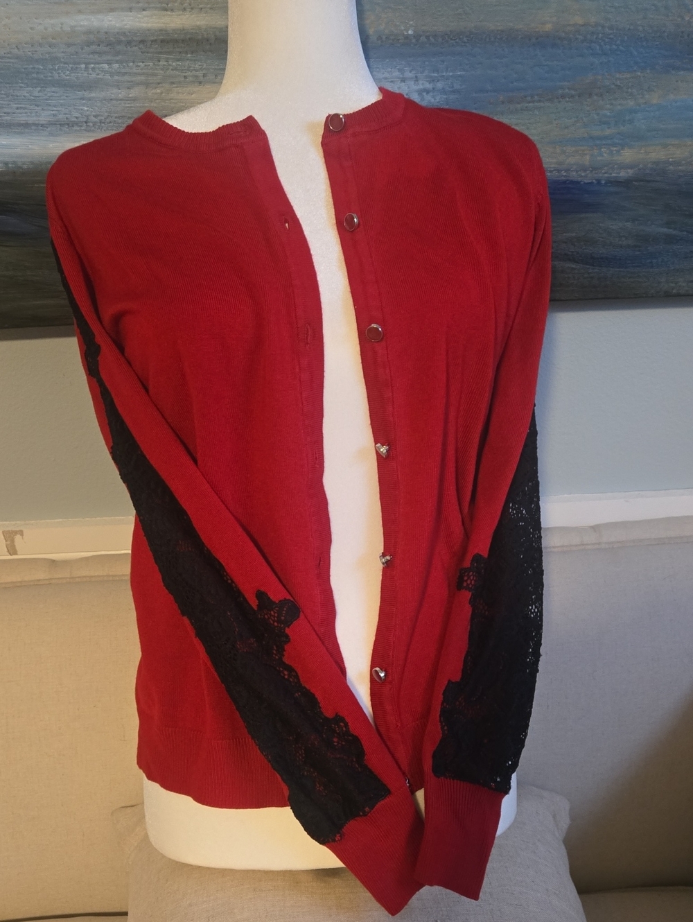 Hannah Rose Red Cardigan with Black Lace-Trim Sleeves NWT